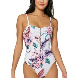 Jessica Simpson Fiji Fever Button-Up Maillot One-Piece Swimsuit‎ White Purple S